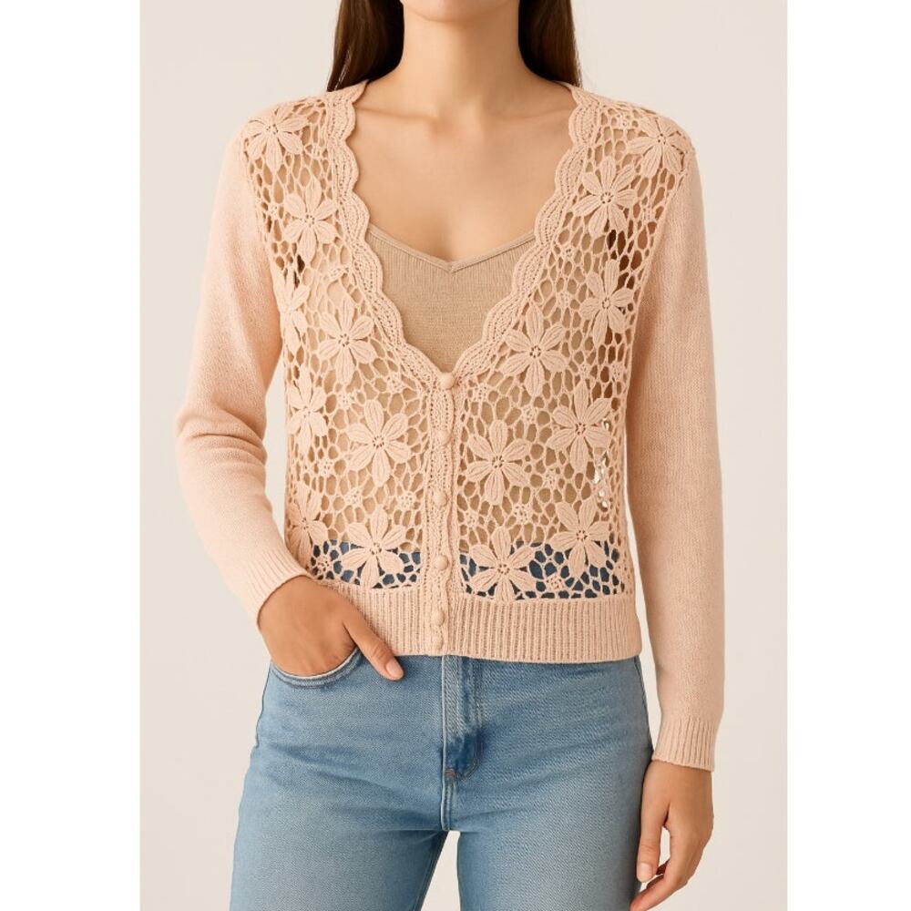 Vintage SML Sport Light Pink Blush Ramie Cotton Crochet Cardigan Sweater Size M